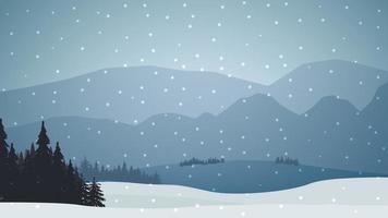 Paisaje de invierno gris y azul con bosque al pie de las montañas, pinos y nieve cayendo vector