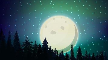 Night landscape with big yellow moon, starry blue sky and tree crowns vector