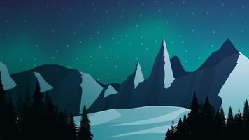 Winter night landscape with forest, mountains, starry sky and Northern lights over mountains vector