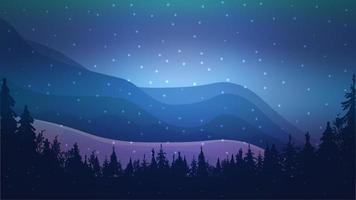 Night winter landscape with mountains, forest, snow and Northern lights vector