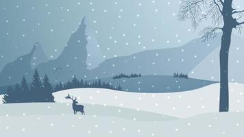 Winter landscape with mountains, pines, forest, snow falling, lonely tree and silhouette of deer vector