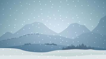 Winter landscape with the forest at the foot of the mountains and snow falling. Background for your arts vector