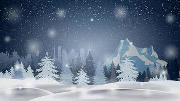 Cartoon winter landscape with pine forest, drifts, mountain and city on horizont. Night winter landscape with snowfall