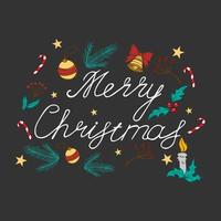 Merry Christmas calligraphy lettering isolated on dark web background with holiday elements - Vector