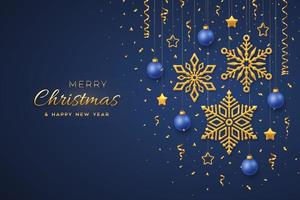 Christmas blue background with hanging shining golden snowflakes balls and stars. Merry christmas greeting card. Holiday Xmas and New Year poster, web banner. Vector Illustration.
