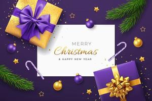 Christmas purple background with square paper banner, realistic gift boxes with purple and golden bows, pine branches, gold stars and confetti, balls bauble. Xmas background, greeting cards. Vector.