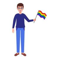 Brunette man with glasses holding rainbow flag taking part in the pride parade. vector