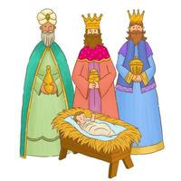 reyes magos con regalos para el niño jesús en la natividad vector