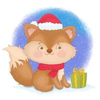 Happy cute fox with christmas gift and santa Claus hat