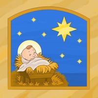 pequeño niño jesús en el pesebre, escena de la noche de navidad. vector