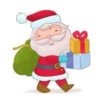 Cute Santa Claus carrying many gifts in his bag vector