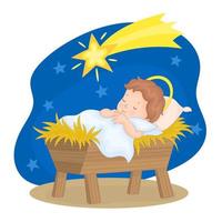 pequeño niño jesús durmiendo en el pesebre, escena de la noche de navidad. vector