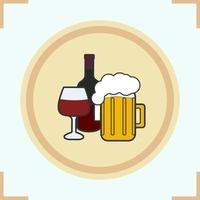 Alcohol drinks color icons set. Wine bottle, glass and foamy beer mug. Bar sign. Isolated vector illustration