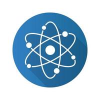 icono de sombra larga de diseño plano de átomo. estructura atomica. signo de física. símbolo de silueta vectorial vector