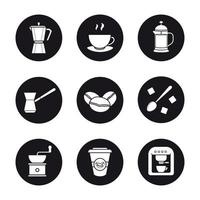 Coffee icons set. Espresso machine, classic coffee maker, steaming mug on plate, french press, turkish cezve, spoon with sugar cubes, hand mill. Vector white silhouettes illustrations in black circles
