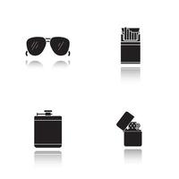 Men's accessories drop shadow black icons set. Alcohol hip flask, open cigarette pack, sunglasses and flip lighter. Isolated vector illustrations