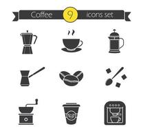 conjunto de iconos de café. máquina de espresso, cafetera clásica, taza humeante en el plato, prensa francesa, cezve turco, cuchara con terrones de azúcar, molinillo de mano vector