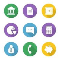 Banking and finance flat design long shadow icons set. Bank building, courthouse, document, safe deposit box, percentage diagram, chat box, calculator, office worker, handset, piggybank. Vector symbol