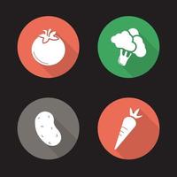 Vegetables flat design long shadow icons set. Tomato, broccoli, potato, carrot. Vector symbols