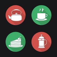 Conjunto de iconos de larga sombra de diseño plano de té y café. hervidor, taza humeante en un plato, pastel de chocolate, prensa francesa. símbolos vectoriales vector