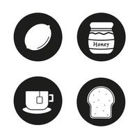 Breakfast items icons set. Lemon, covered honey pot, teacup on plate, toasted bread. Vector white silhouettes illustrations in black circles