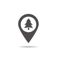 Forest location icon. Drop shadow wood silhouette symbol. Fir tree inside pinpoint. Negative space. Vector isolated illustration