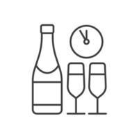 New Year's Eve party linear icon. Thin line illustration. Champagne bottle and glasses, clock contour symbol. Vector isolated outline drawing