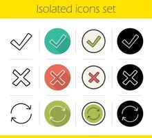 Digital icons set. Flat design, linear, black and color styles. Accept, decline and refresh buttons. Isolated vector illustrations