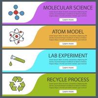 Science laboratory banner templates set. Easy to edit. Atom and molecule, recycle symbol and chemical test tube. Website menu items. Color web banner. Vector headers design concepts