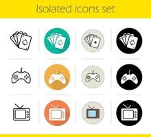 Leisure and entertainment activities icons set. Flat design, linear, black and color styles. Playing cards deck, gamepad, retro tv set. Isolated vector illustrations