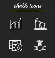 Oil industry chalk icons set. Price growth diagram, oil rig and barrels, gas pipe valve. Isolated vector chalkboard illustrations