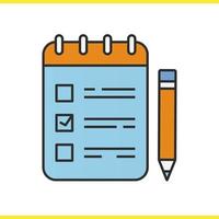 To do list with pencil color icon. Notebook with tick mark. Notepad. Isolated vector illustration