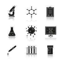 Science laboratory drop shadow black icons set. Microscope, molecular structure, tests checklist, beaker with liquid, virus, lab computer, pipette, test tubes and jar. Isolated vector illustrations