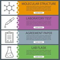 Science lab banner templates set. Easy to edit. Pipette with drop, beaker, molecular structure and lab clipboard. Website menu items with linear icons. Color web banner. Vector headers design concepts