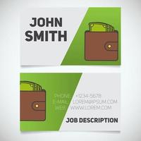 Business card print template with wallet full of cash logo. Easy edit. Purse with money. Businessman. Stationery design concept. Vector illustration