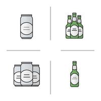 Beer color icons set. Beer bottles and cans. Isolated vector illustrations