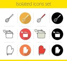 Kitchenware icons set. Flat design, linear, black and color styles. Kitchen instruments. Whisk, boiling saucepan, pot holder. Isolated vector illustrations