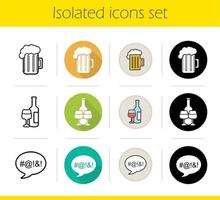 Alcohol addiction icons set. Flat design, linear, black and color styles. Foamy beer mug, wine glasses and bottle, dirty language. Alcoholism isolated vector illustrations