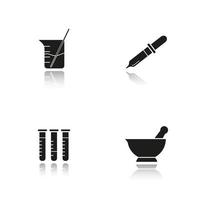 Chemical laboratory drop shadow black icons set. Lab tools. Test tubes, beaker with rod and liquid, mortar and pestle, pipette. Isolated vector illustrations