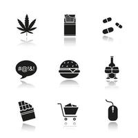 Addictions drop shadow black icons set. Smoking, drugs, food, swearing, shopping, computers, alcoholism. Marijuana, cigarettes, pills, burger, chocolate, computer mouse. Isolated vector illustrations