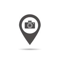 Sightseeing hotspot icon. Drop shadow silhouette symbol. Map pinpoint with photo camera. Vector isolated illustration