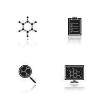 Science lab drop shadow black icons set. Molecule, laboratory computer, molecular structure analysis, tests checklist. Isolated vector illustrations