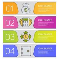 Banking and finance banner templates set. Easy to edit. Money bag, income calculation and spending, safe deposit box. Website menu items. Color web banner. Vector headers design concepts