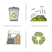 Waste management color icons set. Recycle bin symbol, rubbish dump, factory pollution. Environment protection. Isolated vector illustrations