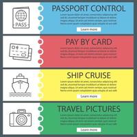 Travel and tourism banner templates set. Easy to edit. Credit cards, passport, photo camera, cruise ship. Website menu items. Color web banner. Vector headers design concepts