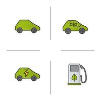 Eco friendly cars color icons set. Green, bio, electric vehicles, eco fuel concept. Isolated vector illustrations