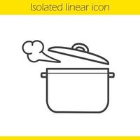 Steaming pot linear icon. Casserole thin line illustration. Boiling saucepan contour symbol. Vector isolated outline drawing