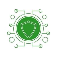 Cyber security icon. Silhouette symbol. Green shield in microchip pathways. Negative space. Vector isolated illustration