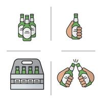 Beer color icons set. Isolated vector illustrations. Beer bottles box, cheers symbols