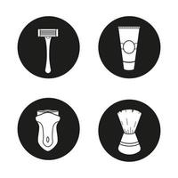 Shaving accessories icons set. Electric shaver, aftershave cream tube, razor, shaving brush. Vector white silhouettes illustrations in black circles